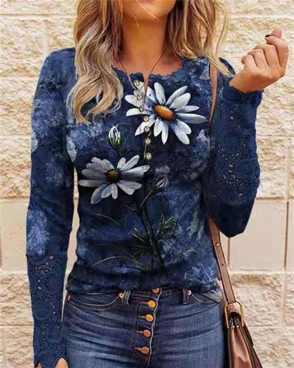 Lace Digital Printing Button Round Neck Top