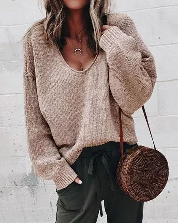 V Neck Casual Long Sleeve Knitted Sweaters