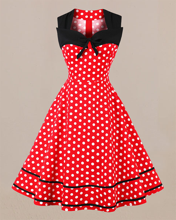 Hepburn Square Neck Polka Dot Retro Dress