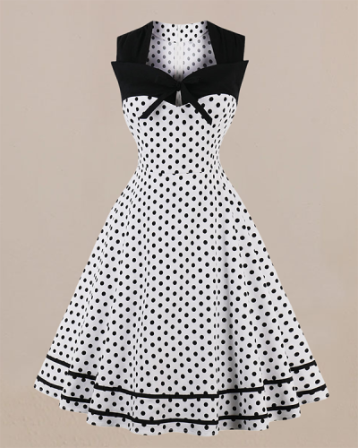 Hepburn Square Neck Polka Dot Retro Dress