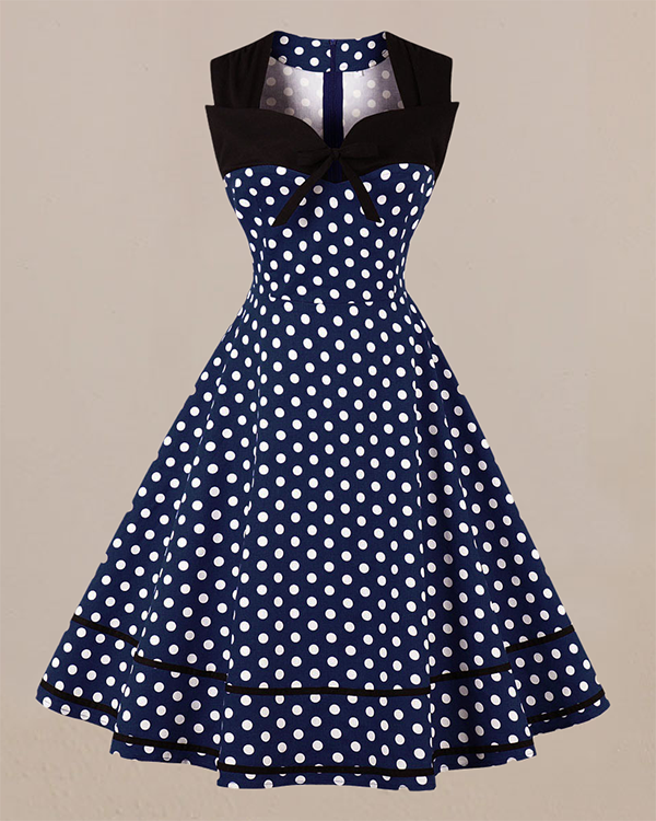 Hepburn Square Neck Polka Dot Retro Dress