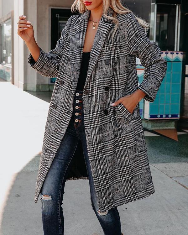 Women Plaid Long Woolen Coat