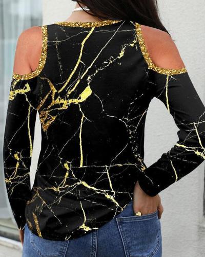 Long Sleeve Cracked Print Off-the-shoulder Top
