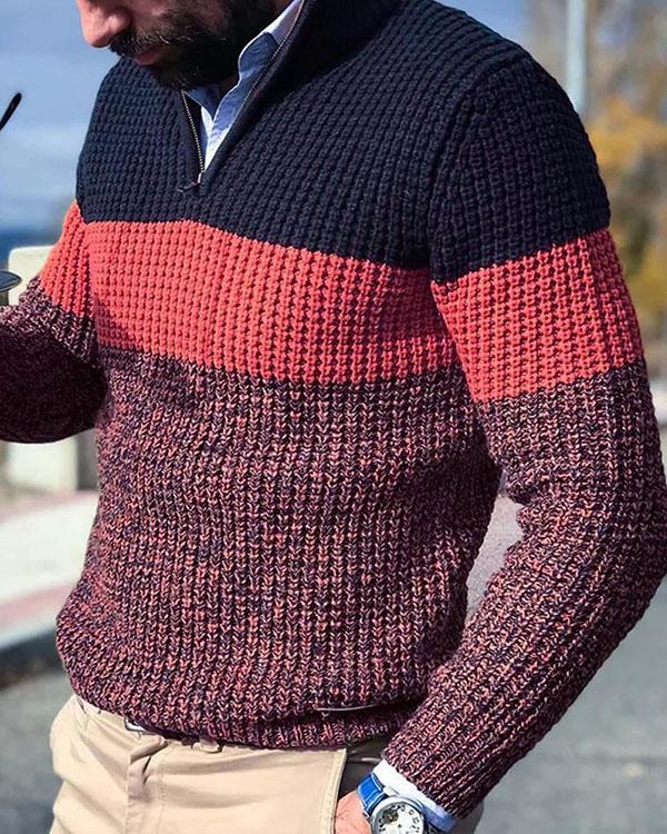 Men's Colorblock Zipper Neck Casual Knit Sweater