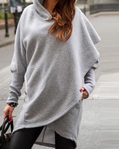 Asymmetric Long Hoodie Plain Color Sweatshirt