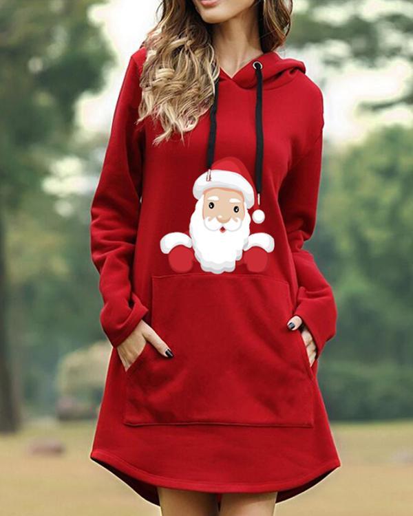 Christmas Print Hooded Long Sleeve Women's Sweatshirt Dress