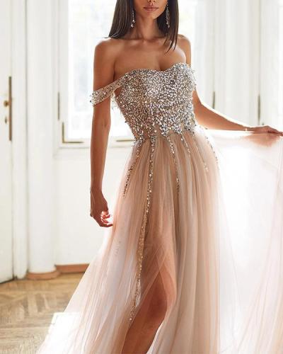 Luxe Gown Sparkling Beaded Bodice A-line Layered Tulle Slit Dress