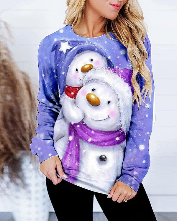 Ladies Christmas Snowman Sweatshirt Crew Neck Top