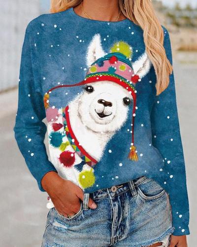 Cute Sweatshirt Christmas Animal Print Crew Neck Top