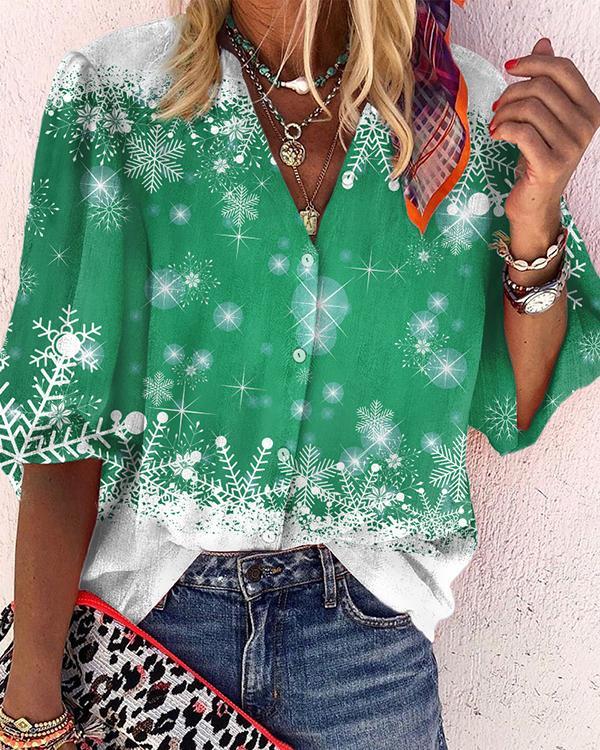 Ladies Snowflake Print Christmas Lapel Neck Top