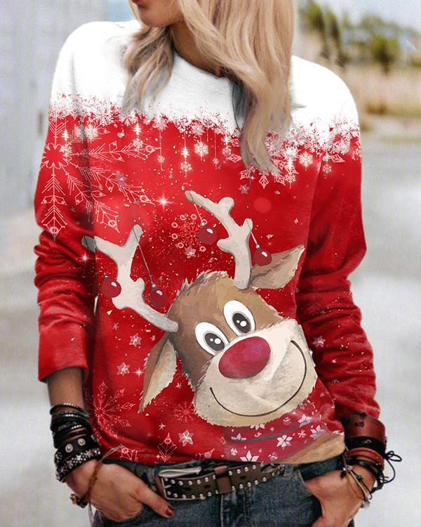 Ladies Elk Print Christmas Sweatshirt Casual Pullover Top