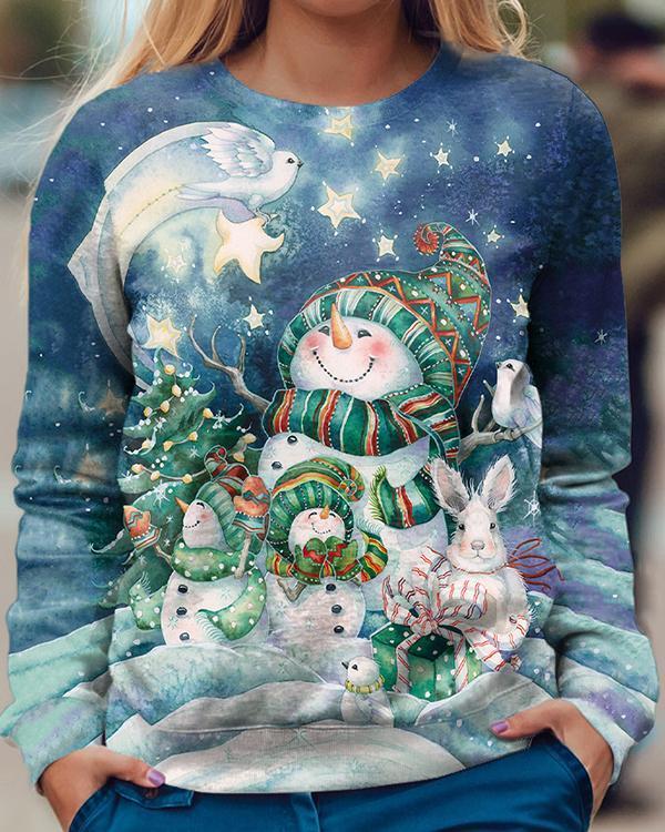 Ladies Christmas Snowman Sweatshirt Crew Neck Top
