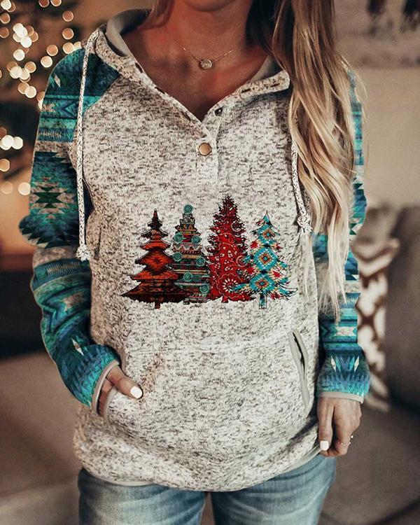 Women Long Sleeves Print Christmas Tree Hooded Sweatshirt