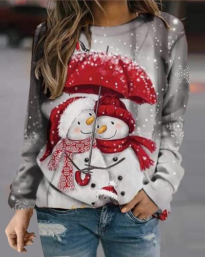 Ladies Snowman Print Christmas Sweatshirt Casual Pullover Top