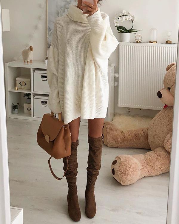 Solid Chunky Lazy High Neck Cozy Sweater Dress(5 Colors)