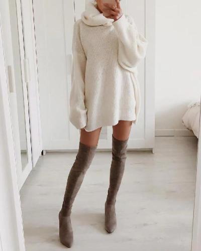 Solid Chunky Lazy High Neck Cozy Sweater Dress(5 Colors)