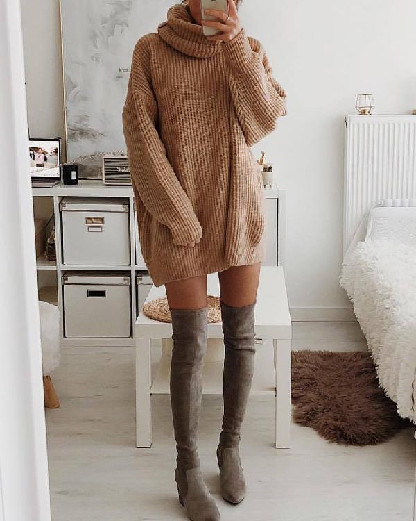Solid Chunky Lazy High Neck Cozy Sweater Dress(5 Colors)