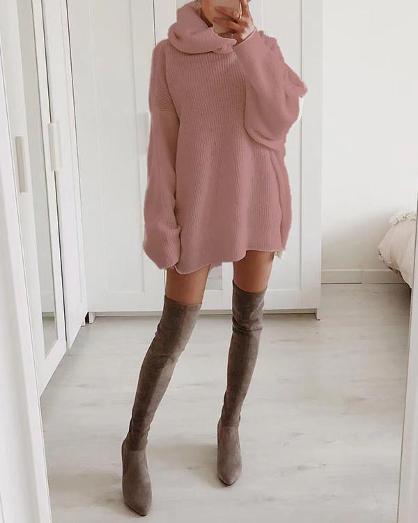 Solid Chunky Lazy High Neck Cozy Sweater Dress(5 Colors)