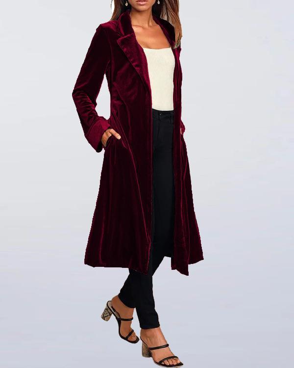 Women Solid Lapel Velvet Belt Trench Coat