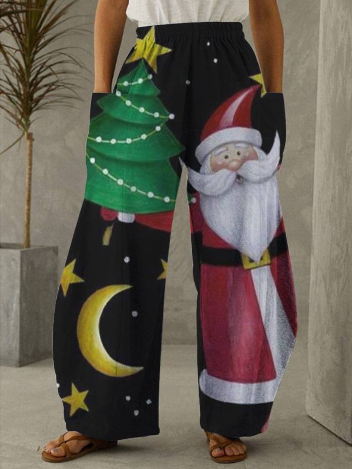 Santa Christmas Tree Stars Moon Print Casual Pants