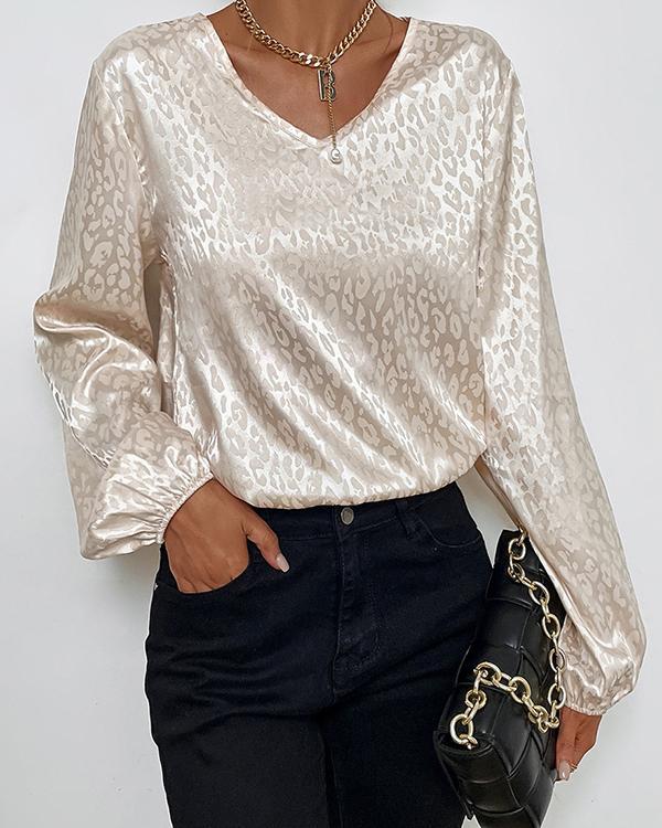 V-neck Pullover Leopard Print Long-sleeved Shirt