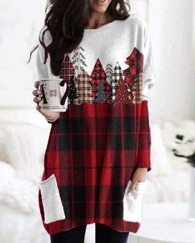 Christmas Tree Plaid Pockets Casual Long Blouses Tops