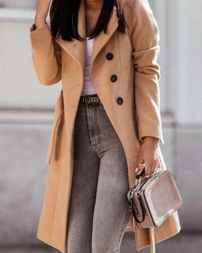 Fashion Solid Color Long-sleeved Casual Woolen Coat