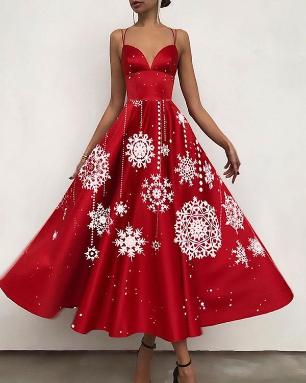 Women Elegant Open Back Print Christmas Party Dress Sling Maxi Swing Dress