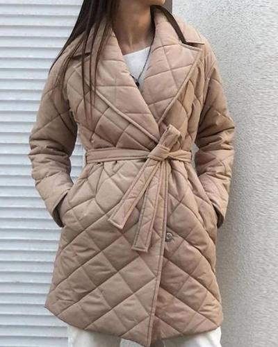 Pure Color Belted Double Pocket Casual Cotton Coat