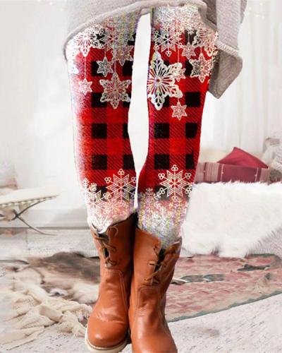 Red Plaid Snowflake Print Tight Black Pants & Leggings