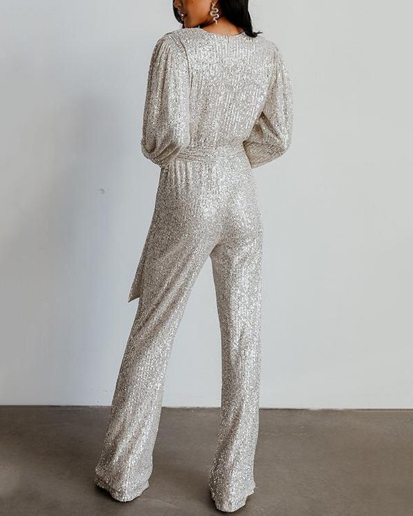 Sequin Draped Belted Puff Sleeve Wide Leg Jumpsuit