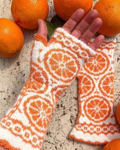 Knitted Orange Pattern Gloves Women's Handwarmers