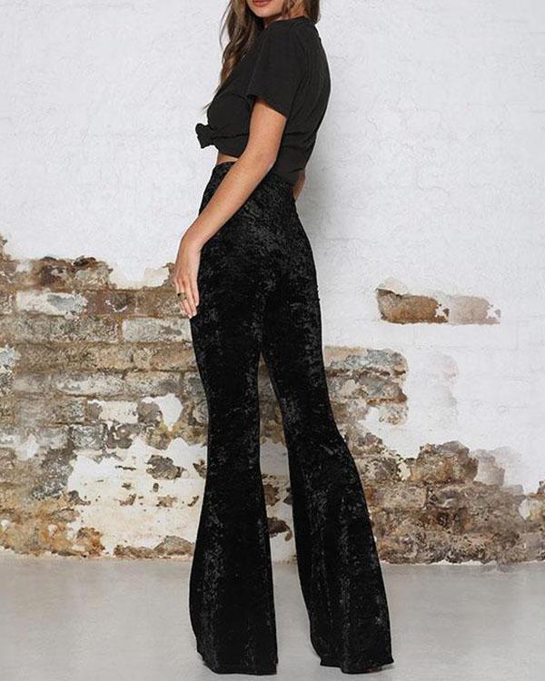 Elastic Waist Plain Velvet Pants