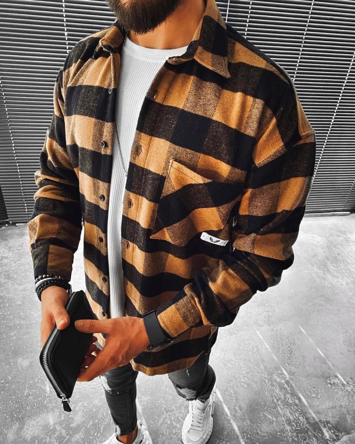 Street Fashion Plaid Texture Casual Jacket