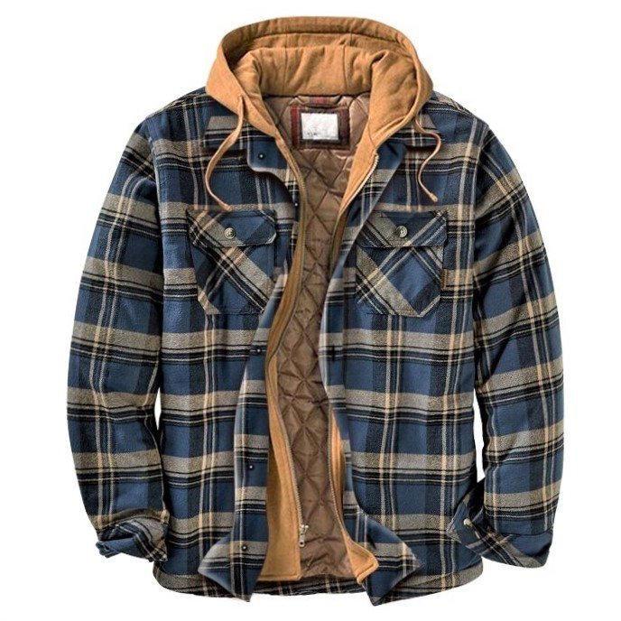 Men's Outdoor Quilted Plaid Fake Two-piece Hooded Jacket