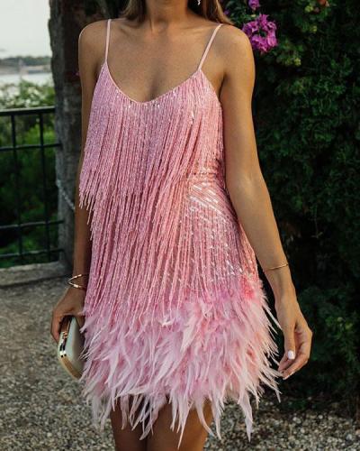 Sexy Spaghetti Strap  Sequin Tassel Feather Holiday Party Mini Dress