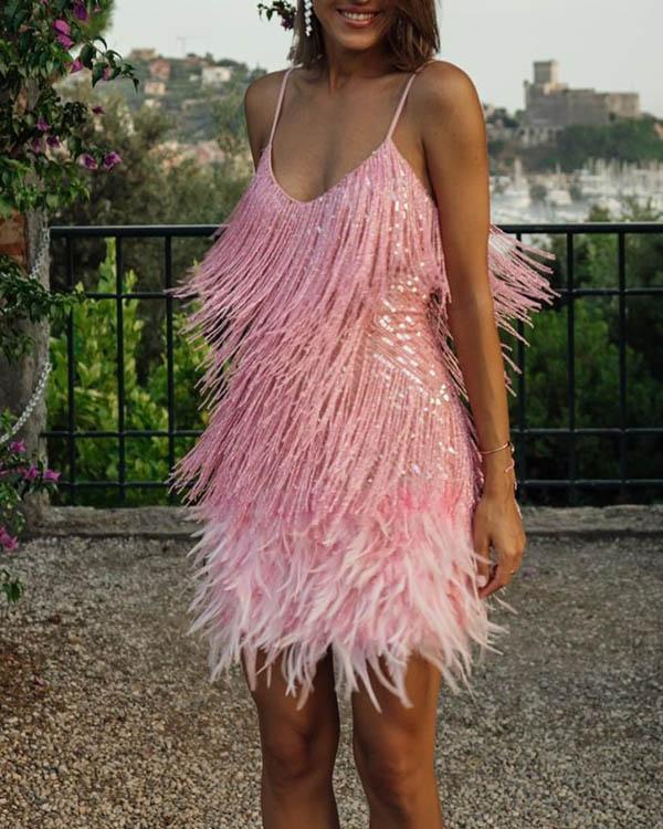 Sexy Spaghetti Strap  Sequin Tassel Feather Holiday Party Mini Dress