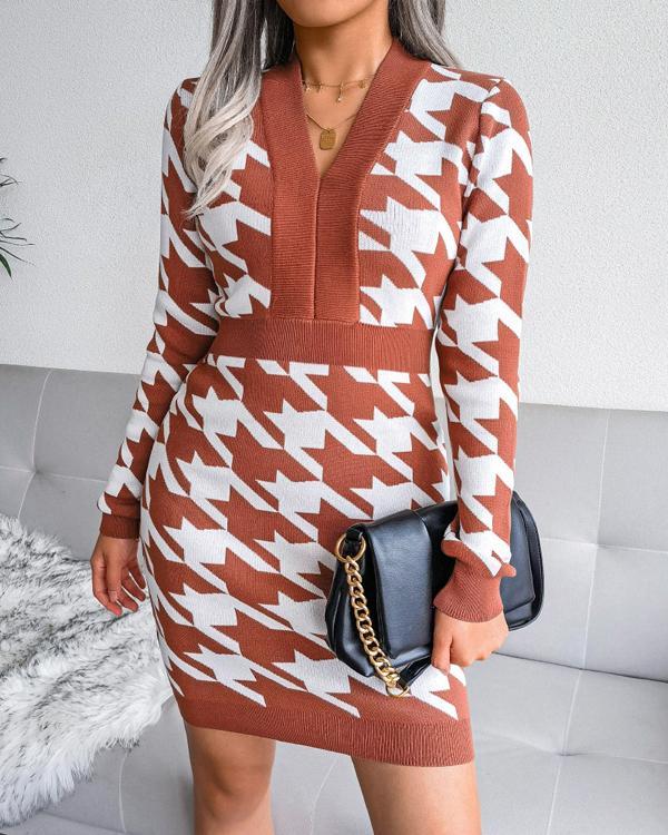 V-neck Checkerboard Bag Hip Skirt Knitted Dress