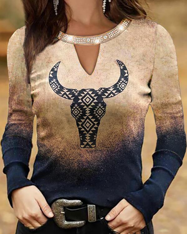 Casual Long-sleeved Round Neck Pullover Printed Top