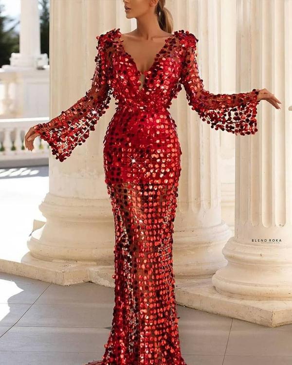 Women Sequins Long Sleeve Party Dress S-3XL