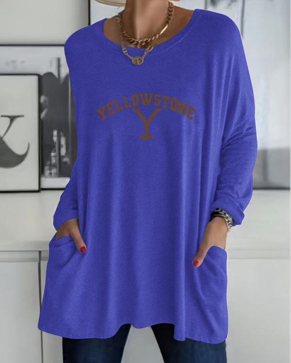 Printed Color-blocking Pocket Casual Pullover Round Neck Top