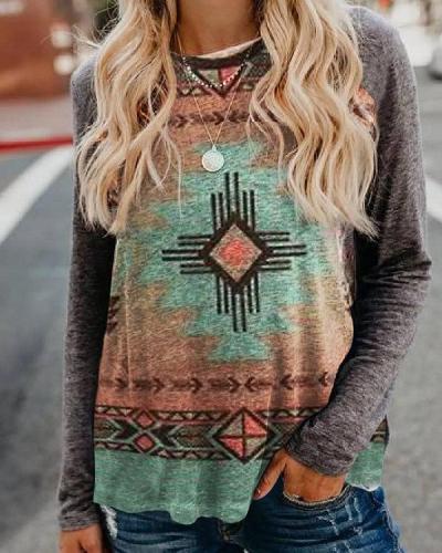 Printed Long Sleeve Crew Neck Tops