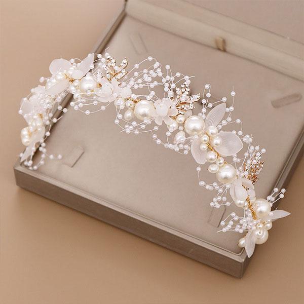 Bridal Flower Faux Pearl Crystal Hand-woven Golden Leaves Wedding Headband Hair Band Children's Hair Accessories