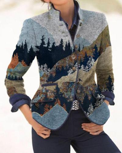 Women Vintage Mountain Pattern Button Outerwear S-3XL