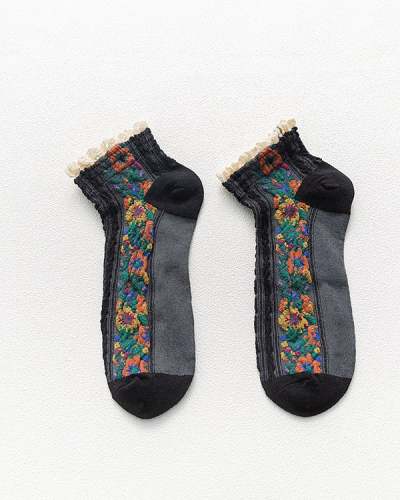 Women Retro Hemp Pattern Floral Socks