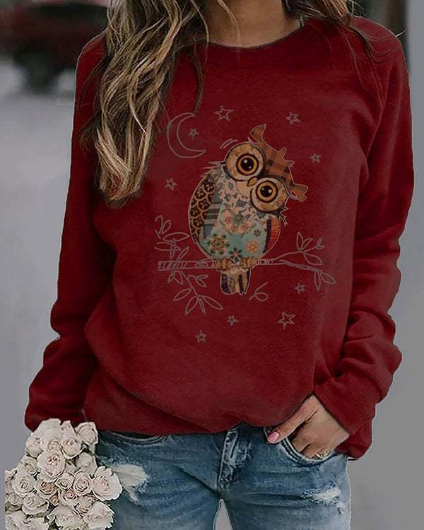 Women's Casual Owl Print Crew Neck Tops S-4XL