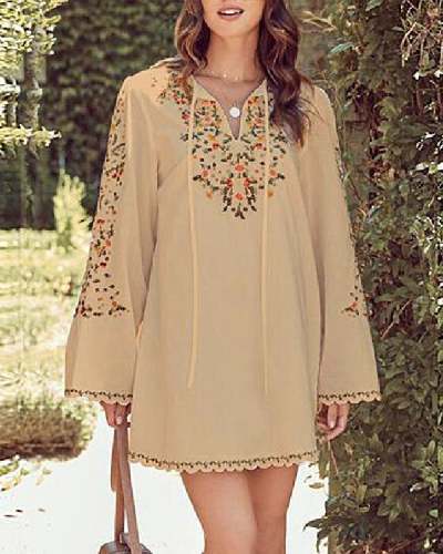 Printed Long Sleeve V-Neck Casual Loose Dress