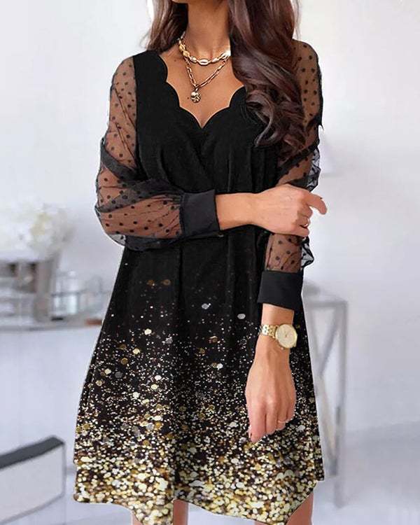 See-through Sexy Lace Long-sleeved Lotus Leaf Collar Dress