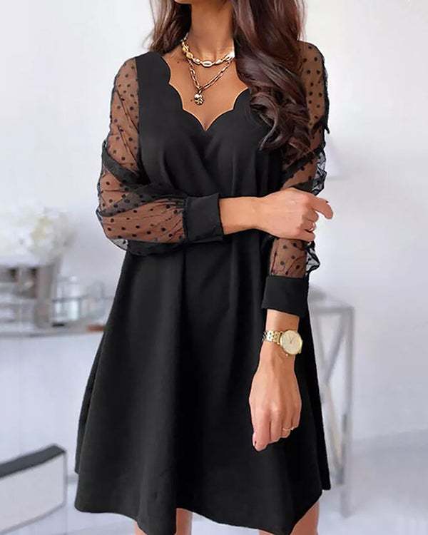 See-through Sexy Lace Long-sleeved Lotus Leaf Collar Dress