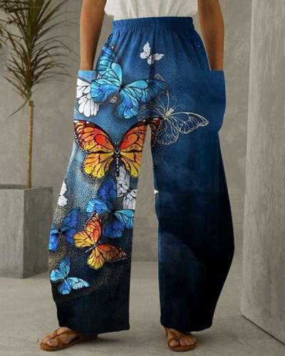 Women's Butterfly Print Vintage Casual Loose Pants S-5XL